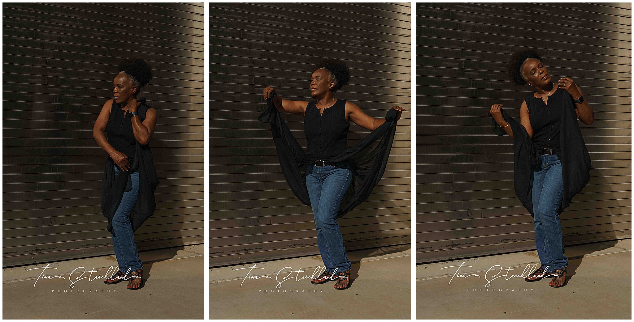 African American Woman Wearing blue jeans and a black duster
